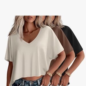 Women’s V-Neck Short Sleeve Tee – Cream, Brown & Black